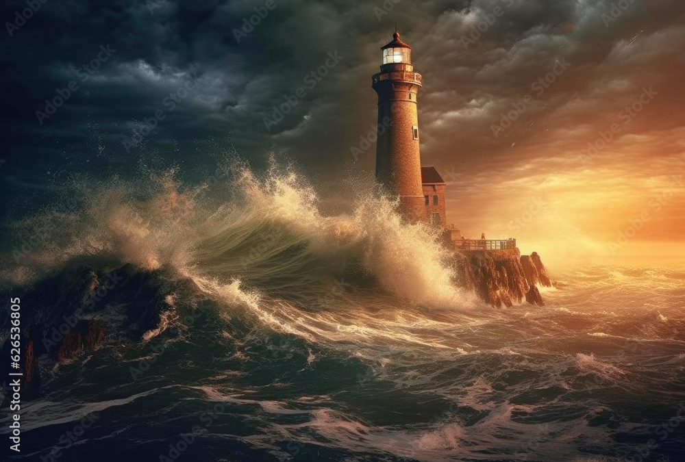 Lighthouse in a Big Waves Stormy Sea or Ocean and Dark Clouds Sky. Generative AI