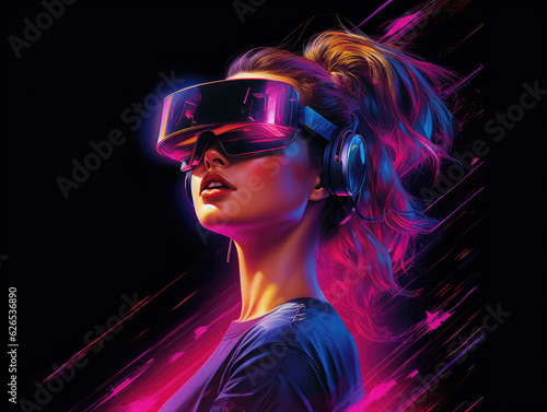Neon Woman With Virtual Reality Glasses extreme closeup. Generative AI © doomu