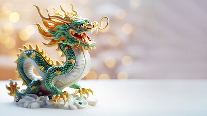 Traditional chinese dragon on festive golden bokeh background. Statuette of a green wooden dragon, 2024 New Year symbol. Chinese New Year, Christmas, winter holidays postcard. Green wooden dragon 2024