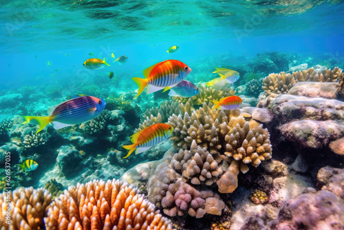 Great Barrier Reef Beautiful Cute Colorful Fishes extreme closeup. Generative AI