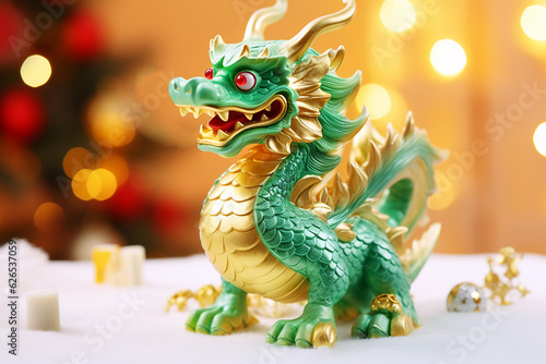 Traditional chinese dragon on festive golden bokeh background. Statuette of a green wooden dragon  2024 New Year symbol. Chinese New Year  Christmas  winter holidays postcard. Green wooden dragon 2024