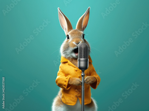 Beautiful Cute Rabbit in Yellow Costume Singing in Microphone extreme closeup. Generative AI