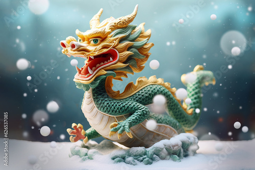 Traditional chinese dragon on festive golden bokeh background. Statuette of a green wooden dragon  2024 New Year symbol. Chinese New Year  Christmas  winter holidays postcard. Green wooden dragon 2024