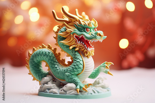 Traditional chinese dragon on festive golden bokeh background. Statuette of a green wooden dragon, 2024 New Year symbol. Chinese New Year, Christmas, winter holidays postcard. Green wooden dragon 2024 © Magryt