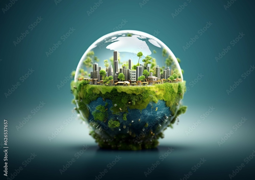 Glass globe with industrial city and green ecosystem around.planet day concept picture.AI Generative Glass globe with industrial city and green ecosystem around.planet day concept picture.AI Generative