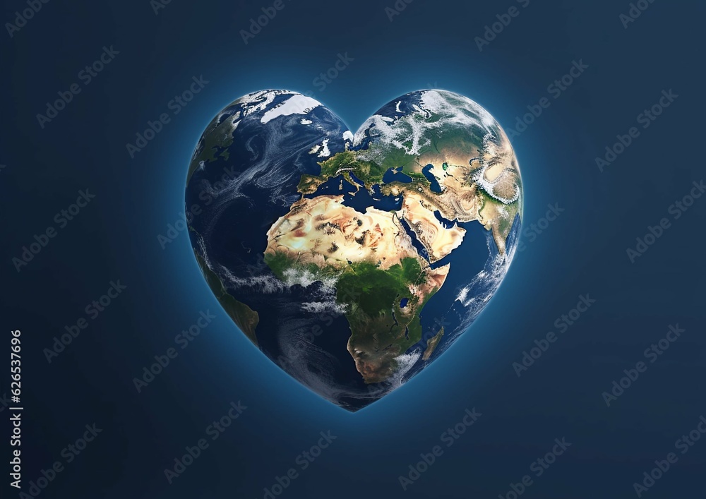 Fototapeta premium Heart shape planet earth,protect your home,save your planet concept on blue.AI generative
