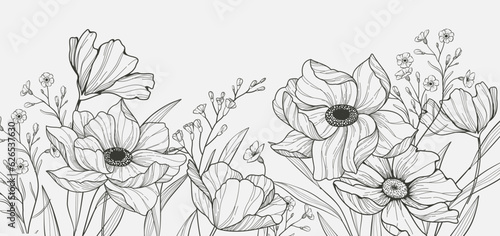 Botanical line bakground with flowers and leaves. Floral foliage for wedding invitation, wall art or card template
