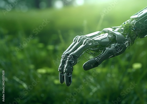 New technologies against nature concept.Robot arm touching green grass.AI Generative.