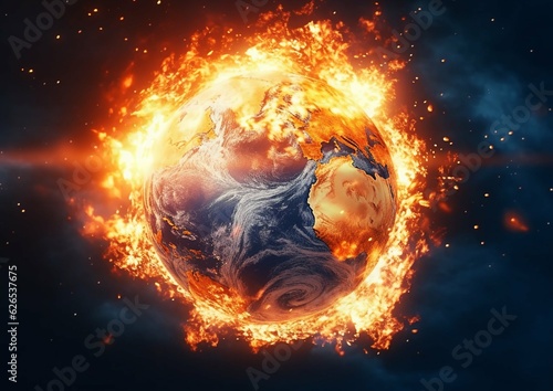 Protect and save our planet,earth is on fire,stop destruction and war concept.AI Generative photo