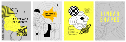 Trendy geometric set of posters. Simple shapes forms and frames inspired brutalism, abstract bauhaus and boho cosmic style