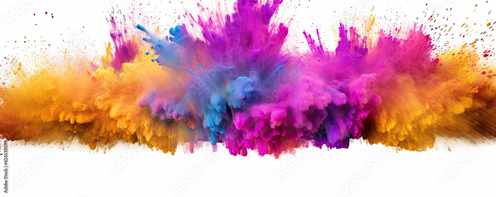 Multicoloured holi powder explosion on a white background. Panoramic view. Generative AI