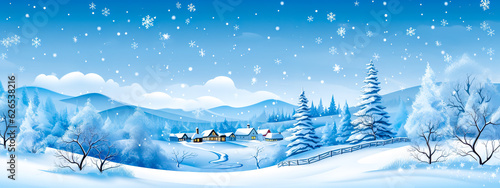 fairytale winter landscape, Christmas background, snow falling on trees in the forest, banner made with Generative AI © edojob