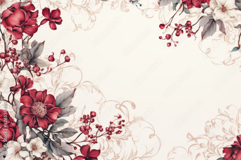 red flowers and leaves frame border background with space for text. Wedding Invitation Template. 