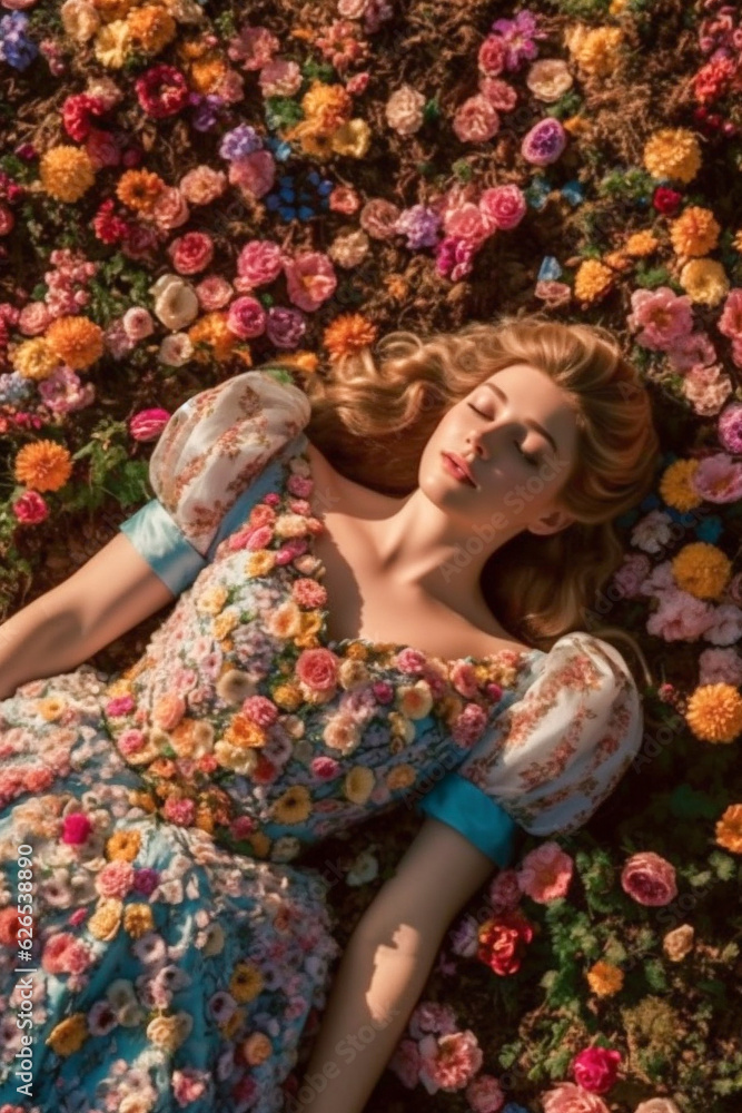 Princess-like woman lying in a field of flowers. Boho fantasy nature vibe.