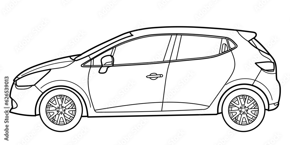 Outline drawing of a hatchback car from side view. Vector outline doodle illustration. Design for print or color book. Outline drawing of a hatchback car from side view. Vector outline doodle illustration. Design for print or color book.