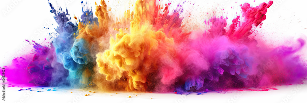 Multicoloured holi powder explosion on a white background. Panoramic view. Generative AI