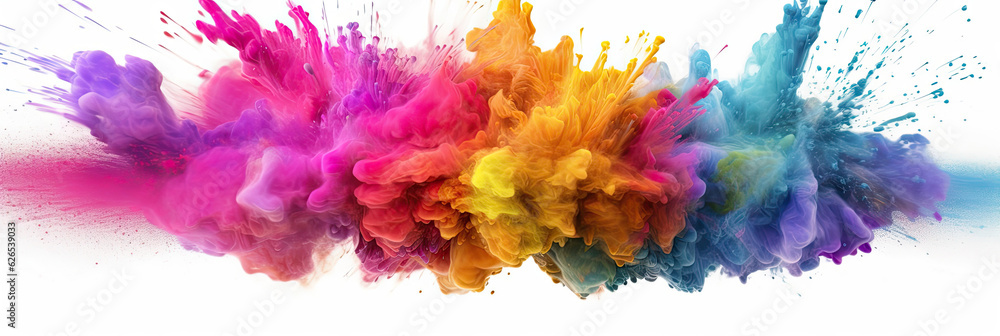 Multicoloured holi powder explosion on a white background. Panoramic view. Generative AI