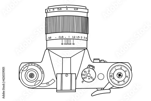 Hand drawing old SLR vintage film photo camera. Top view, top side. Isolated doodle vector illustration