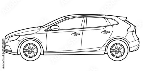 Outline drawing of a hatchback car from side view. Vector outline doodle illustration. Design for print or color book.