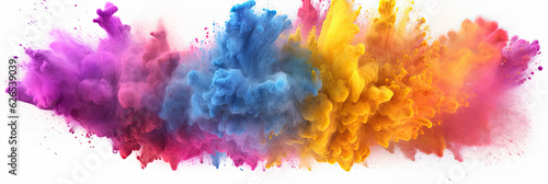 Multicoloured holi powder explosion on a white background. Panoramic view. Generative AI © Farnaces