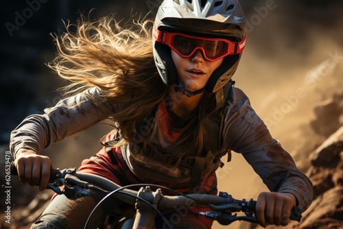 Front view at female downhill mountainbiker