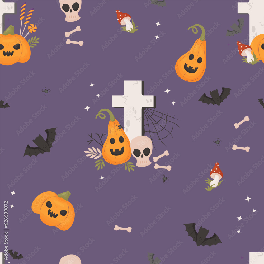 Spooky Halloween seamless pattern. Grave cemetery cross with pumpkin Jack and skull on purple background with bats. Vector illustration in cartoon style.