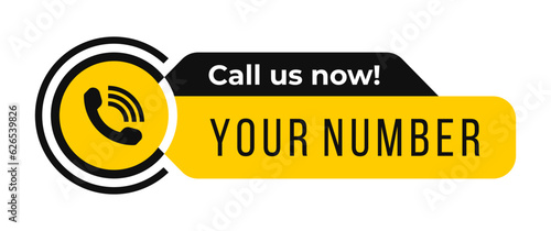 Call us now icons vector. Black and yellow color. Template for phone number, button, sign, contact details. Vector illustration