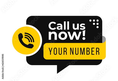 Call us now icons vector. Black and yellow color speech bubble. Template for phone number, sign, button, contact details. Vector illustration