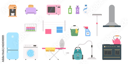 Set of appliances and cleaning tools for home. Doll house interior concept. Vector illustration. Cartoon flat style 