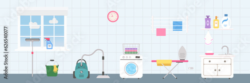 Doll house interior concept. Laundry room with appliances and cleaning tools for home. Cartoon flat style. Vector illustration