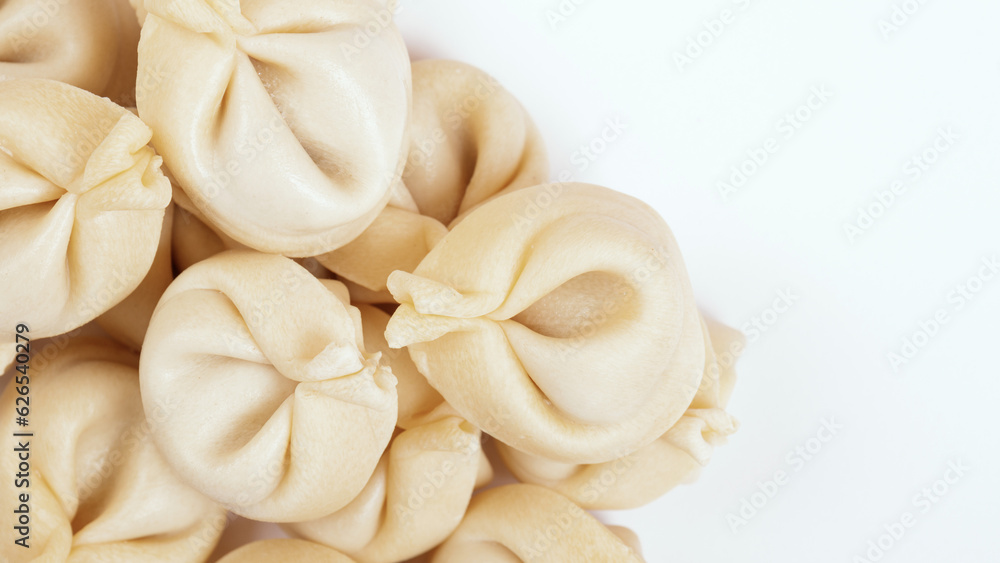 Dumplings on white background closeup. Uncooked dumplings. Top view. Dumplings on white background closeup. Uncooked dumplings. Top view.