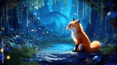 Cartoon fantasy illustration of a red fox at night. Illuminated by moonlight in the jungle. © PicturePerfect