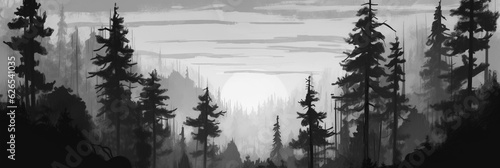 Panoramic view of pine trees, black and white, AI-generative