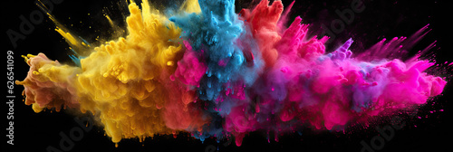 Multicoloured holi powder explosion on a black background. Panoramic view. Generative AI