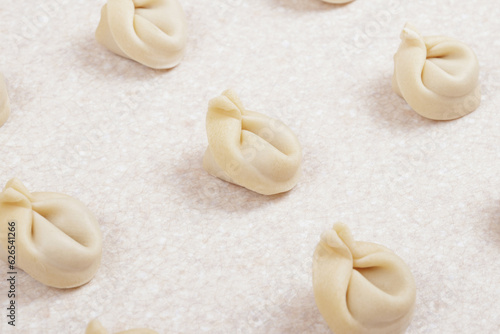 Uncooked dumplings on white table closeup. Homemade dumplings.