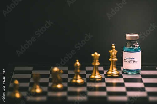 Comparative illustration of social inequality  vaccine  chess  black  dark background.
