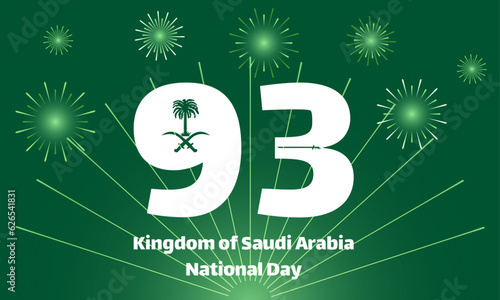 Banner in green colors for 93 Kingdom of Saudi Arabia National Day 2023 which contained number 93 with elements of flag and emblem and fireworks