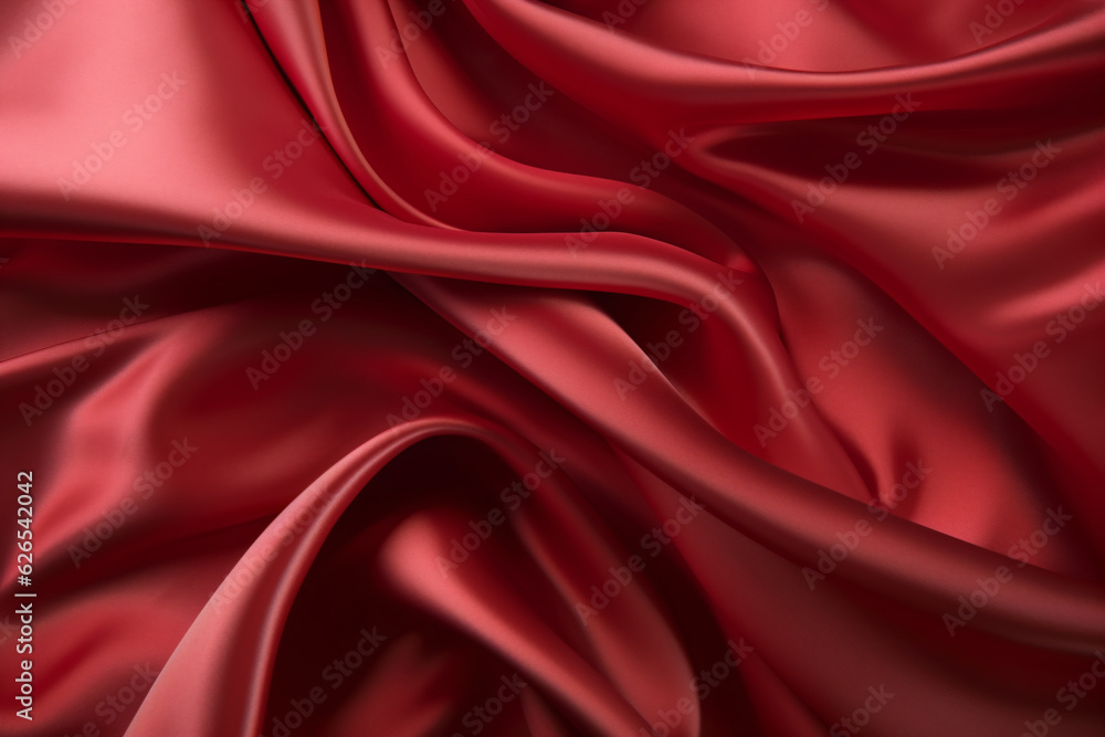 Fototapeta premium Red silk fabric in satin material in a close-up view. It's waving and flowing, creating a visually appealing and elegant appearance.