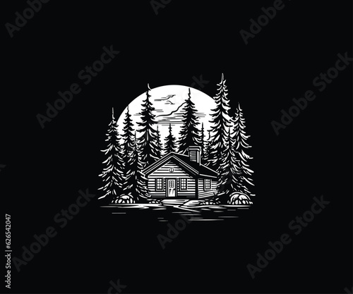 Fotografiet forest wooden house village cabin logo design
