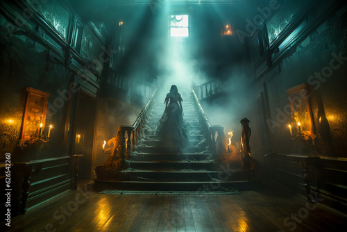 A ghostly female apparition descends a grand curved staircase