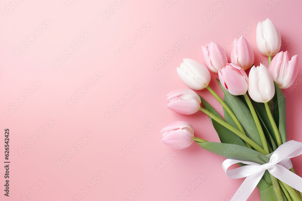 Generative ai: Bouquet of tulips and gift box on pink background