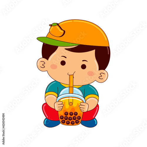 boy kids drinking iced bubble mango tea