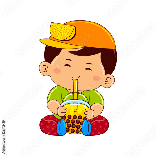 boy kids drinking iced buble lemon tea