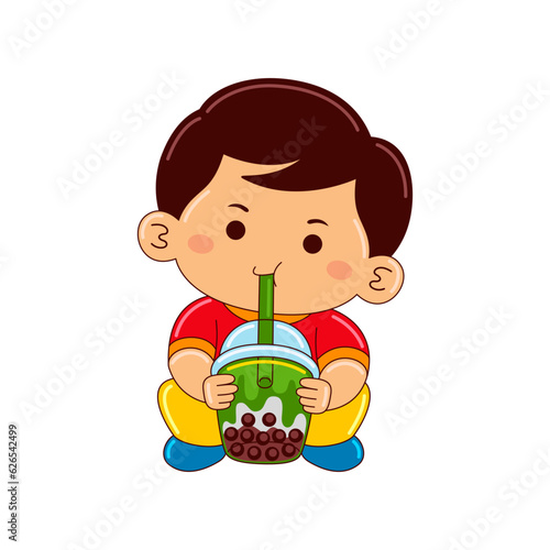 boy kids drinking iced matcha bubble tea