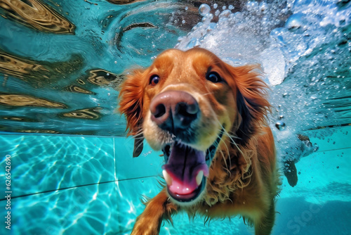 dog pool fun puppy vacation underwater swimming snorkeling funny water. Generative AI.