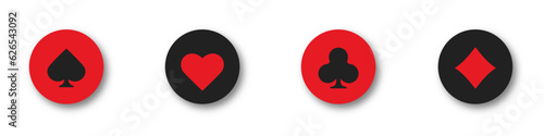 Hearts, clubs, diamonds and spades chips on an isolated white background. Set collection gambling sign symbol of playing card suits and chips for poker and casino.