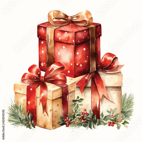 watercolor christmas gift box with ribbon