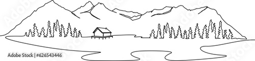 continuous single line drawing of cabin at lakeshore in beautiful mountain landscape, line art vector illustration