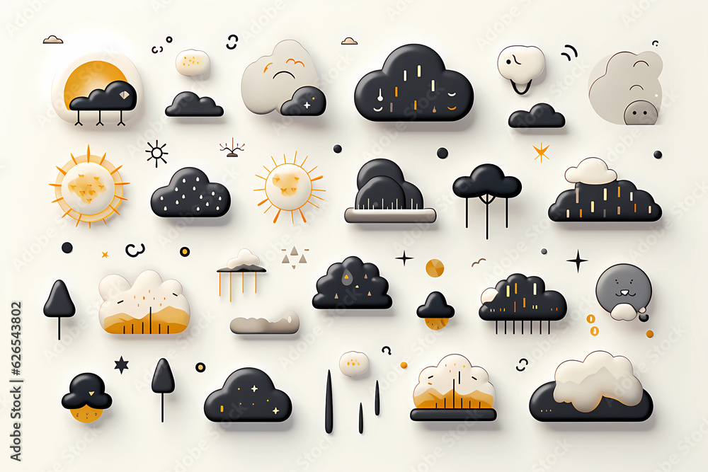 Set of vector icons representing different types of weather conditions, such as sun, rain, clouds, and lightning - obrazy, fototapety, plakaty 