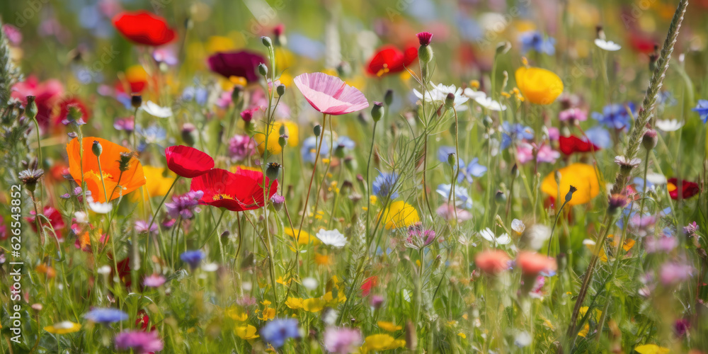 Beautiful blooming wild flower meadow in summer. Generative AI